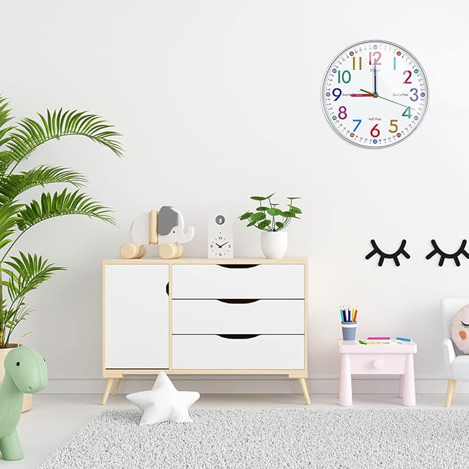 AIRUIFU Wall Clock for Kids Learning Tell Time Easily Non-Ticking Battery