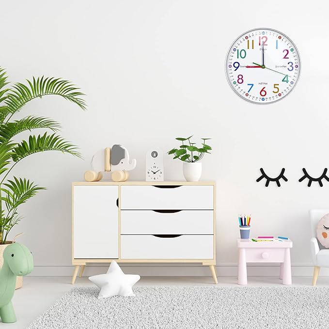 Wall Clock for Kids Learning Tell Time Easily Non-Ticking Battery Operated Kids