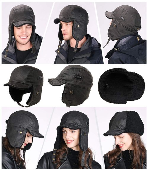Comhats Aviator Hat Faux Leather Pilot Cap Oversize Adult Men Winter Trapper Hunting Hat 56-66CM (US, Alpha, X-Large, Black)