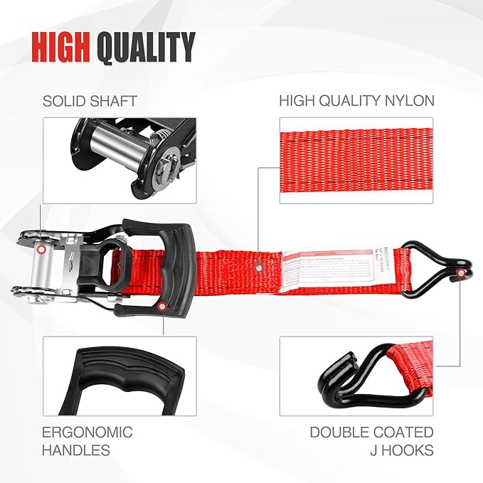 AWELCRAFT Ratchet Straps(4 Pack),3300lb Breaking Strength,1.5in×10ft Heavy Duty Tie Down Ratcheting with Padded Handles,Double J Hooks & 4 Soft Loops for Trailer,Trucks,Motorcycle(Red)