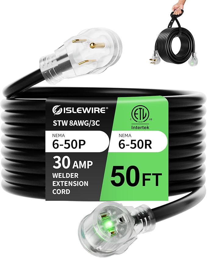 50ft 250V Welder Extension Cord, 8 Gauge Heavy Duty Outdoor Welding Cord with LED Indicator, NEMA 6-50P to 6-50R, 30 Amp 3 Prong Power Extension for Welding Machines, 8 AWG STW, ETL Listed