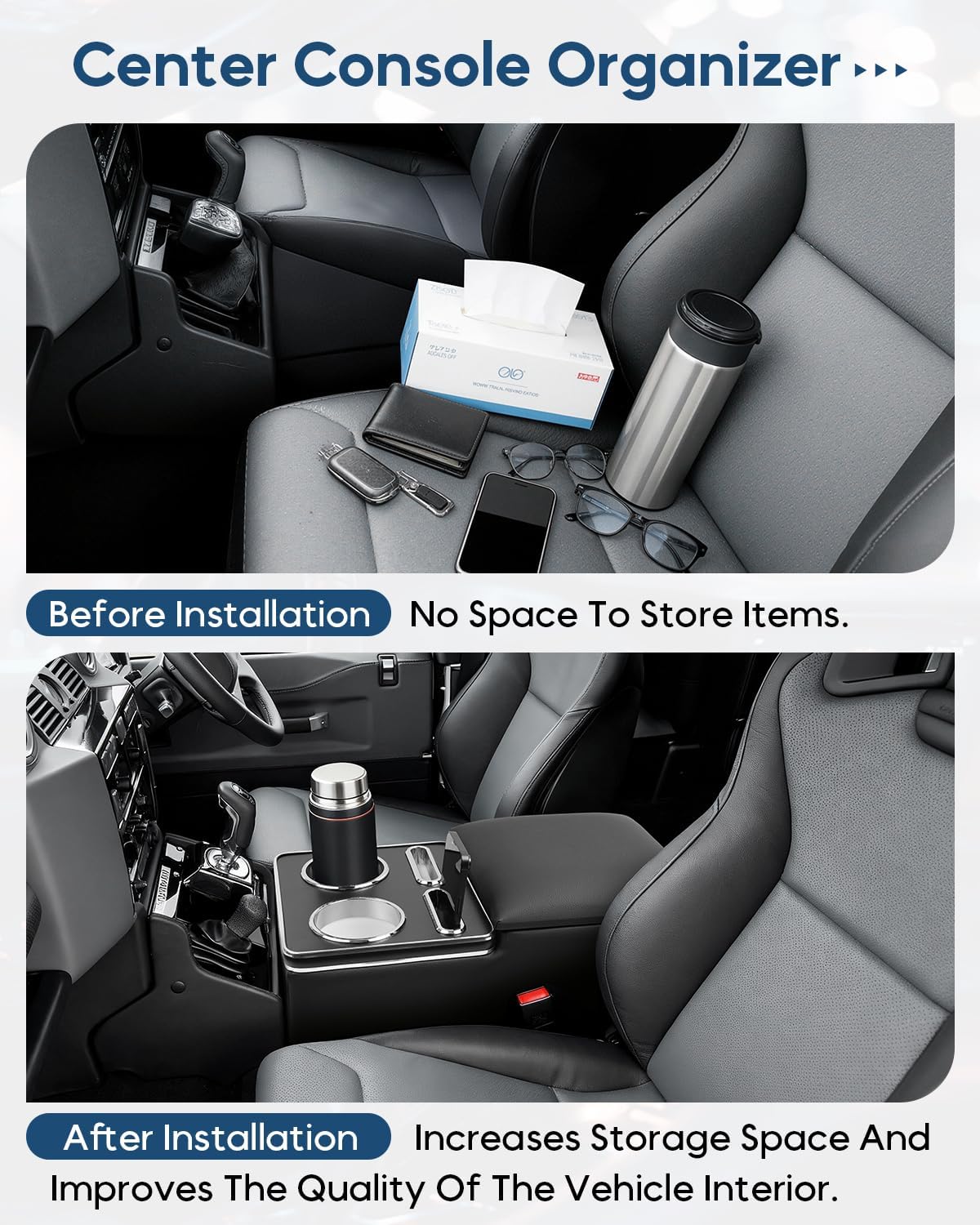 Bench Seat Center Console Organizer, Cup Holders, Regular, Black