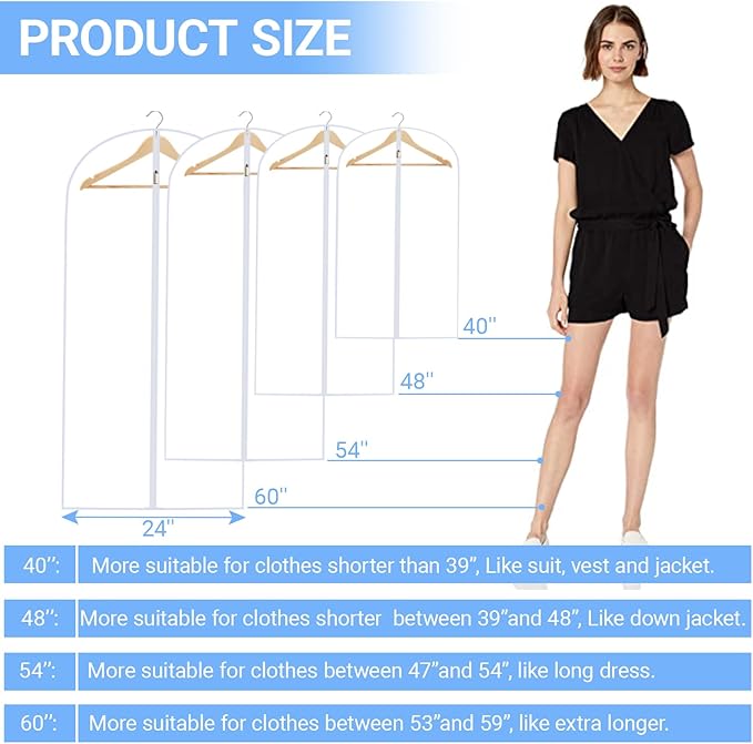Garment Bags for Hanging Clothes 24'' x 60'' (Set of 12) Coat Covers for Closet Foldable Washable Dress Bags for Hanging Clothes for Long Dress Dance Costumes Suits Gowns Coats