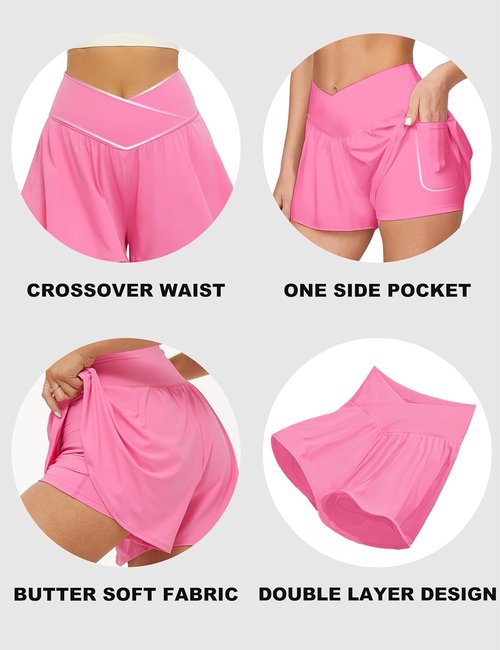 FireSwan Women's Crossover Athletic Shorts - 2-in-1 Flowy Running Shorts with Pockets & Spandex | Butterfly Design