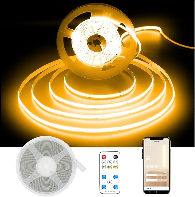 DAYBETTER COB LED Strip Lights, 16.4 ft/5 m 1600 LEDs Bright Warm White LED Light Strips with Remote and App, 3000K Dimmable LED Tape Light, Indoor COB LED Lights for Bedroom, DIY Lighting, Room Decor