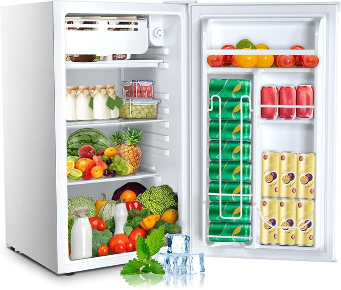 Electactic 3.2 Cu.ft Mini Fridge with Freezer, Compact Refrigerator with Reversible Single Door, Adjustable Thermostat, Low Noise, Energy Efficient for Office, Dorm, Bedroom, Apartment (WHITE)