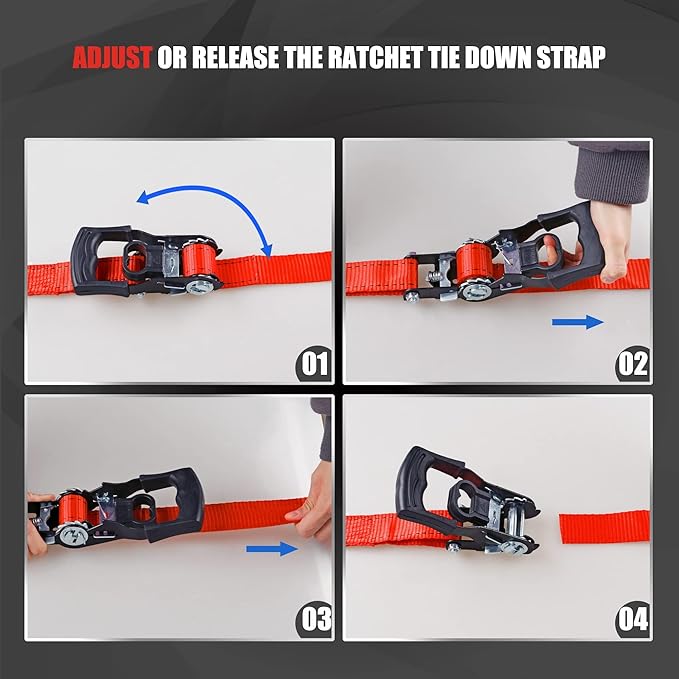 AWELCRAFT Ratchet Straps(4 Pack),3300lb Breaking Strength,1.5in×10ft Heavy Duty Tie Down Ratcheting with Padded Handles,Double J Hooks & 4 Soft Loops for Trailer,Trucks,Motorcycle(Red)