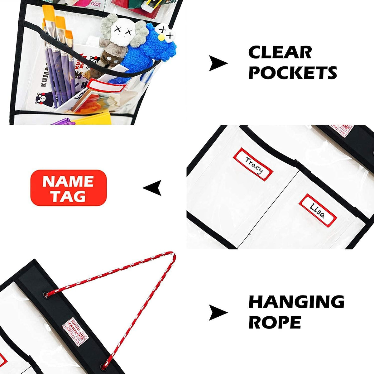 Rough Enough Locker Organizer Hanging Accessories Storage Organization with 4 Pockets for Work Door Gym Wall Clear PVC