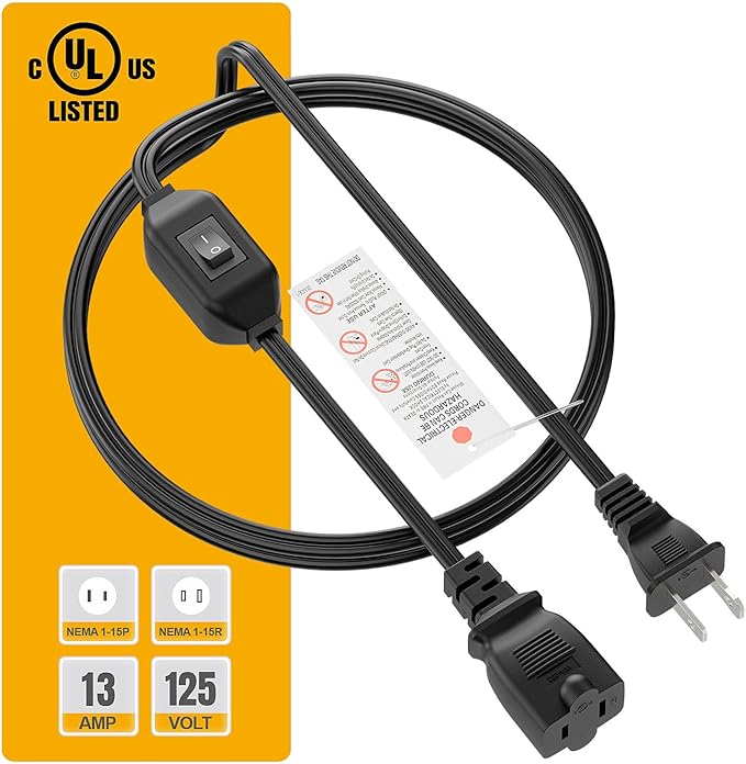 [6-Feet] On Off Switch Extension Cord, 2-Prong Polarized Extension Cord with On-Off Inline Switch 12A 125V for Your Chargers/Lamp/Power Adapters Etc, 16AWG Cord