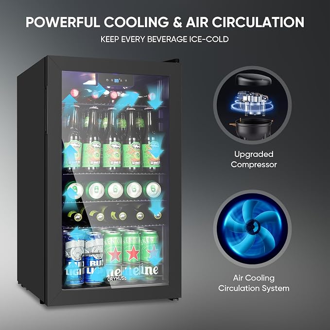 3.2 Cu.Ft Beverage Refrigerator, 130 Can Mini Fridge with Glass Door & Digital Temperature Control, Compressor Cooling Freestanding Cooler for Soda, Beer, Wine, Home, Office & Bar - Black