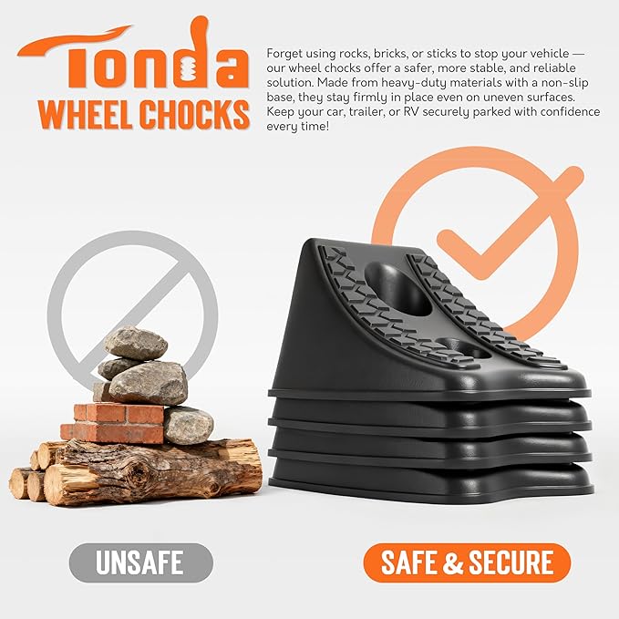 TONDA Wheel Chocks, Heavy Duty Wheel Wedge for Car, Travel Trailer - 8"×4.7"×4.7" - 4 Pack, Black