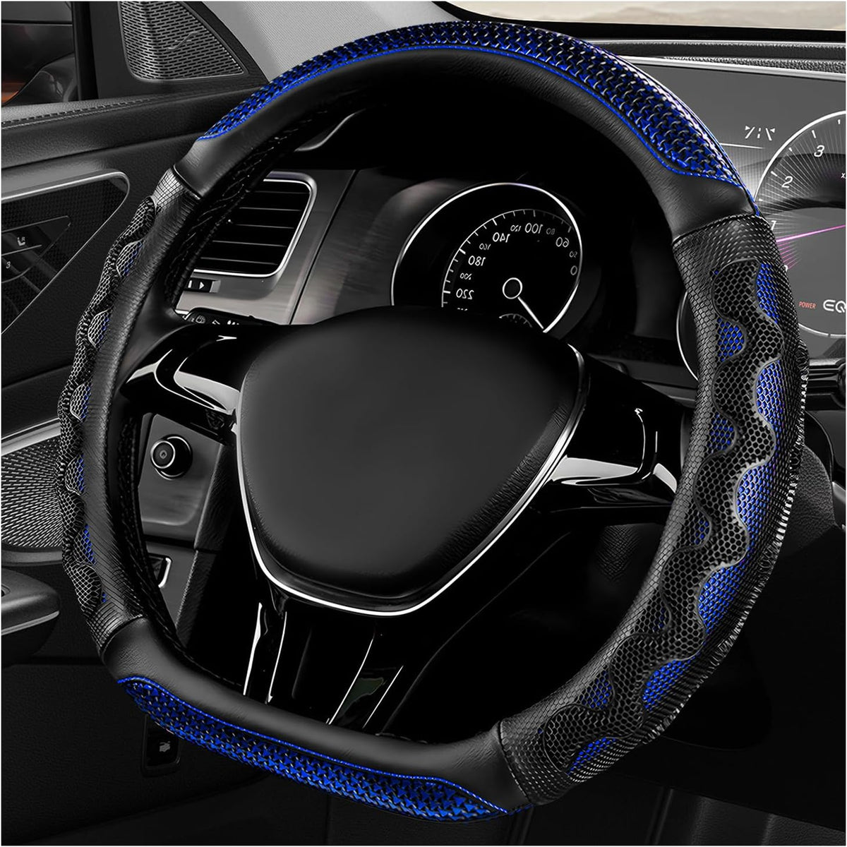 D-Shaped Steering Wheel Cover, Leather Car Wheel Protector with 3D Honeycomb Anti-Slip Design, Universal Breathable Comfy Cover Fits 14.5-15 Inch Steering Wheels, Car Accessories (Blue)