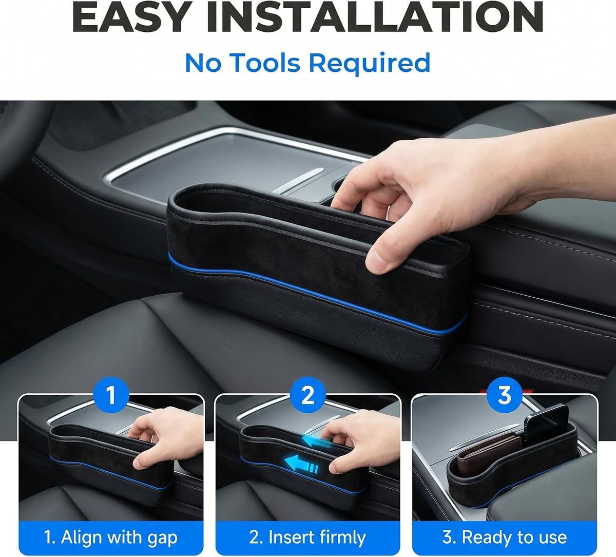 1 PC Car Seat Gap Filler Organizer, Leather Storage Box with Cable Port, Anti-drop Multi-functional Console Cushion, Universal for Most Cars, Trucks, SUVs (Black)