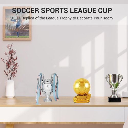 Champions Trophy | Soccer League Cup Resin Replica - Silver with Colorful Ribbons, 6.3 Inch