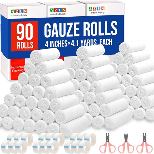 AZEN Gauze Rolls Bandages - 90 Pack of Premium 4" x 4.1 Yards First Aid Supplies | Ideal for Medical & Vet Use