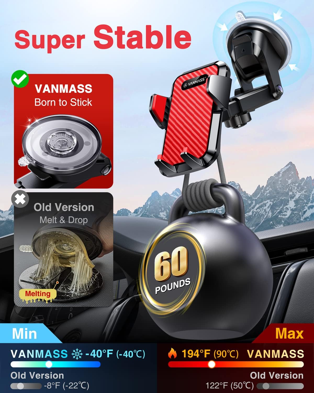 VANMASS【85+LBS Strongest Suction & Military-Grade Ultimate Car Phone Mount【Patent & Safety Certs】 Cell Phone Holder for Dash Windshield Vent for iPhone 17 Pro Max Automobile Interior Sets, Red