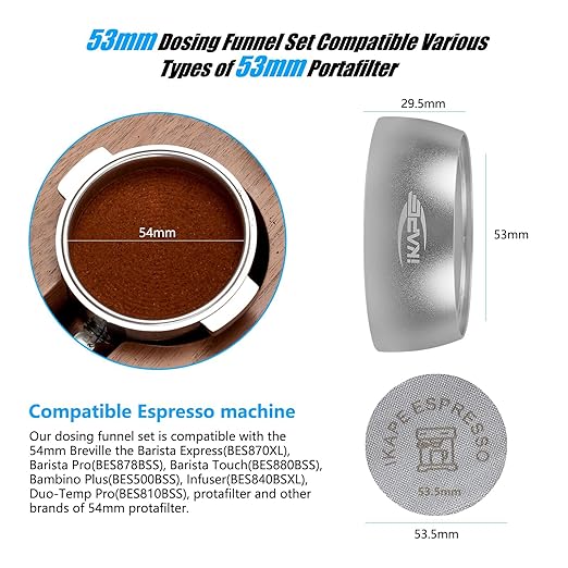 IKAPE Dosing Funnel Set, 53mm Espresso Dosing Ring & Puck Screen Kit Compatible with 53 mm Bottomless Portafilter Silver