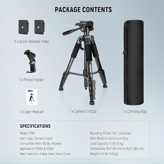 NEEWER BASICS Camera Tripod, Professional Aluminum Lightweight Portable Travel