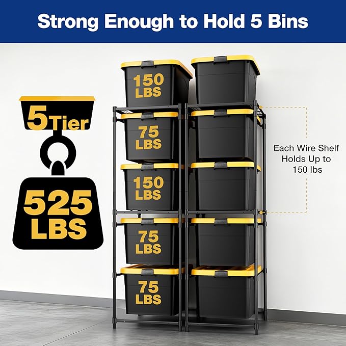 WORKPRO 2 Pack 5-Tier Tote Storage Rack, Heavy-Duty 27 Gallon Tote Storage Rack Holds 10 Totes, 1050 LBS Storage Bin Rack for Garage, Kitchen, or Basement, 30.5"x22.5"x69", Black