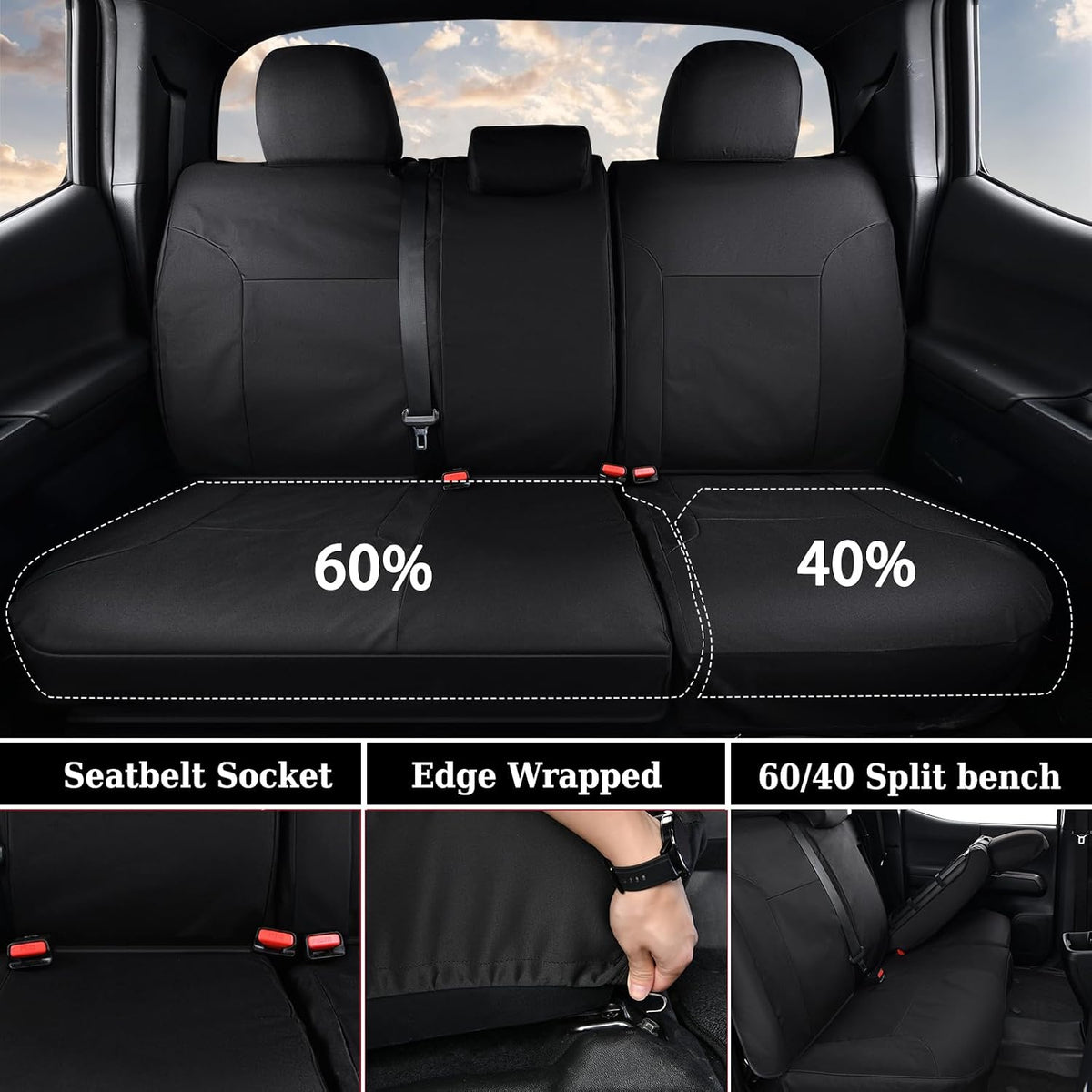 Coverado Seat Covers Custom Fit for Tacoma Double Cab/Crew Cab SR/SR5/TRD Sport/TRD Off-Road/Limited Seat Cushion Protectors 2016-2023 Oxford (Rear, Black)
