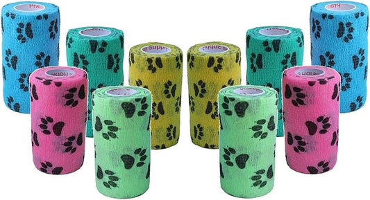 Prairie Horse Supply 3 Inch Vet Wrap Tape Bulk (Paw Prints Variety) (Pack of 12) Self Adhesive Adherent Adhering Flex Bandage Grip Roll for Dog Cat Pet