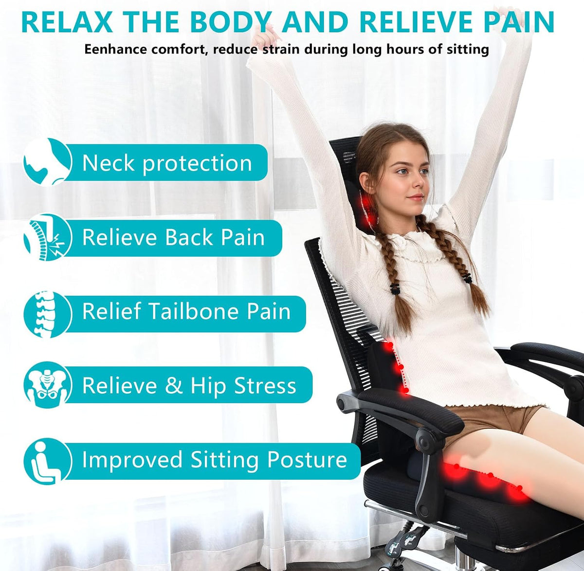 FLORICH 3 PCS Seat Cushion for Carseat Lumbar Support Pillow Car Neck Headrest Pillow 100% Memory Foam Seat Pads Pressure Relief Back Cushion for Office Chair(Black)