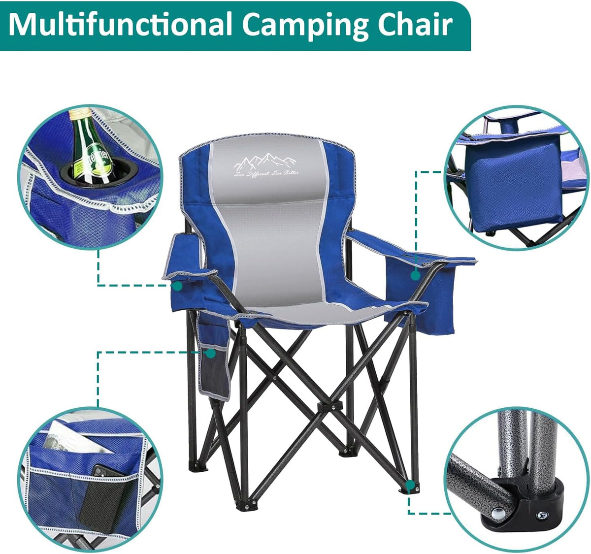 Skiennix Heavy-Duty Camping Chairs - 500lbs Capacity, High Back, Padded, Blue | 2-Pack with Cooler Bag & Cup Holder