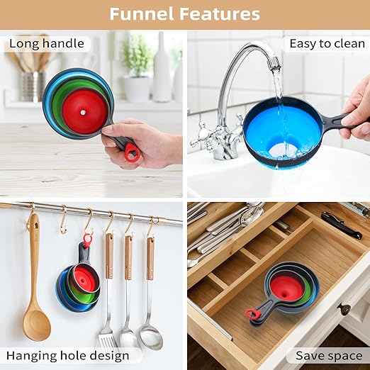 2 Set, 6 Pack Funnels for Filling Bottles, Dokpod Kitchen Funnels for Kitchen Use, Canning Funnel Wide Mouth, Small and Large Collapsible Silicone Funnel Set