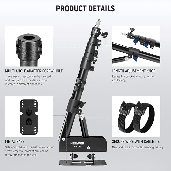 NEEWER Ring Light Wall Mount Boom Arm, Aluminum Alloy, 6.6lb/3kg Capacity