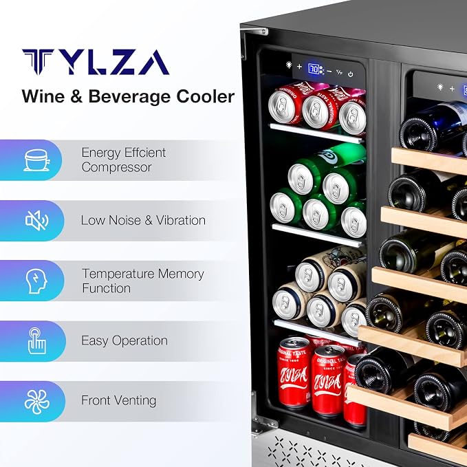 Wine and Beverage Refrigerator, 24 Inch Dual Zone Wine Beverage Cooler, Holds 20 Bottles and 88 Cans, Built-In and Freestanding, Seamless Glass Door, Under Counter Beer Wine Refrigerator