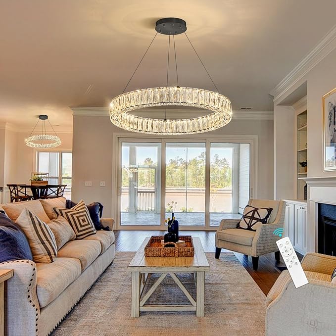 HAIXIANG Modern Crystal Chandelier Dimmable LED Ring Pendant Lights Adjustable