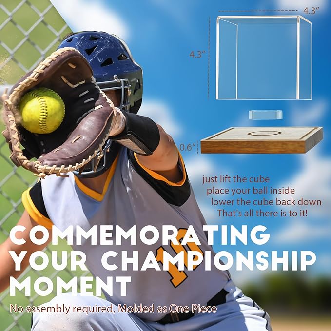 JupDec Softball Display Case Clear Acrylic Ball Holder, UV Protected Cube with Wood Base Stand, Championship Sports Collections Box Showcase