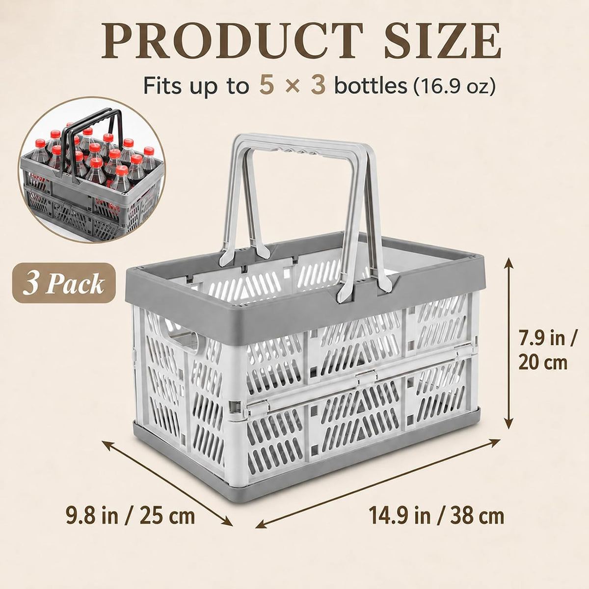CYEAH 3 Pack Collapsible Shopping Baskets, 20L Foldable Plastic Storage Crates with Handles, Reusable Grocery Baskets for Car Trunk, Pantry, Garage, Kitchen, Picnic and Organizing, Holds 20 lbs Each