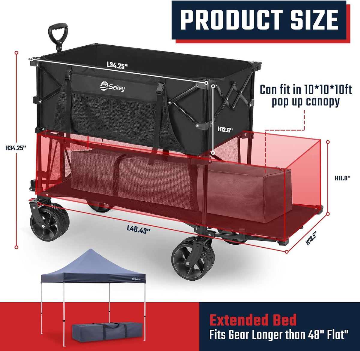Sekey Heavy Duty Double Decker Wagon - 500Lbs Capacity Collapsible Garden Cart with All-Terrain Wheels | Fits 10x10 Canopy