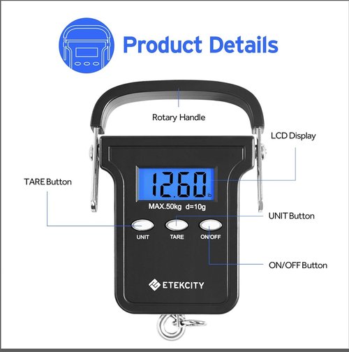 Etekcity Digital Fishing Scale - 110lb Capacity with Backlit LCD Display & Non-Slip Handle | Black