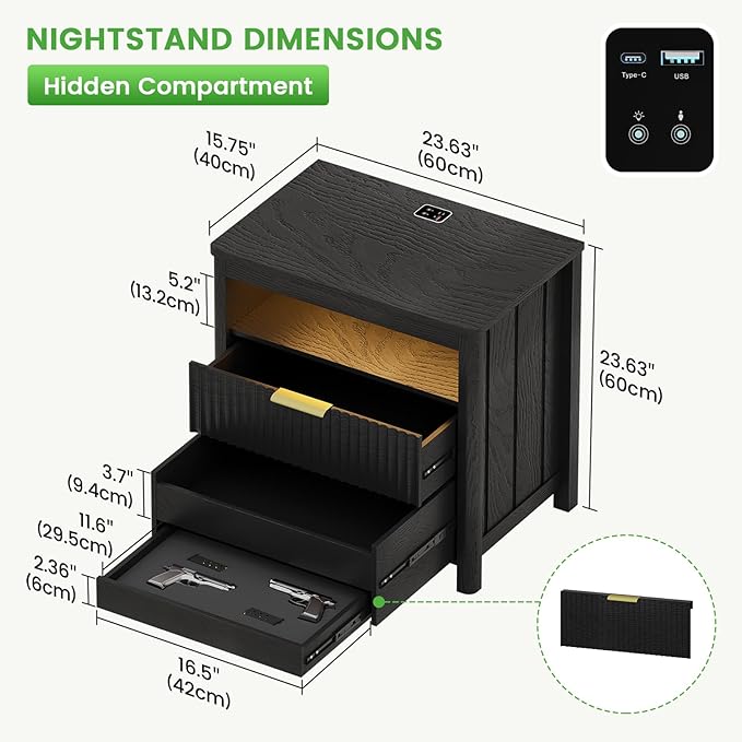 HNEBC Set of 2 Smart Farmhouse Nightstands with Gun Safe Drawers, 3-Color Auto LED Lights, Built-in Charging Station & Hidden Compartment, Bedroom Bedside Tables Rustic Brown (91111A-2-Black)
