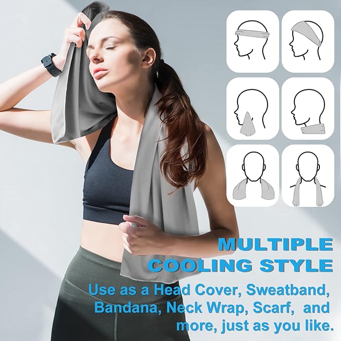 Cooling Towel for Neck and Face - 43.3" x 15.7" - Quick-Dry Microfiber - Ideal for Hot Weather, Gym, Fitness, Camping, Yoga - Light-Gray