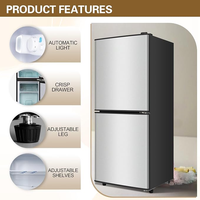 4.2 Cu. Ft. Mini Fridge with Freezer, Small Refrigerator Silver | with 7-Level Adjustable Thermostat, Mini Refrigerator Compact Fridge and Freezer for Dorm, Office, Apartment, College, RV