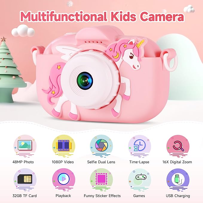 Kids Camera Toys for Ages 3 4 5 6 7 8 9 Girls, 48MP Dual Lens Toddler Digital