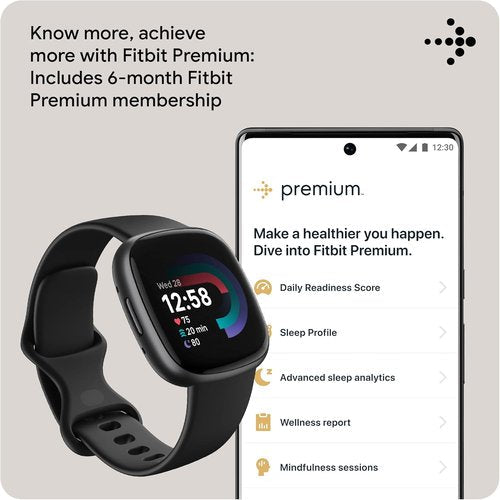 Fitbit Versa 4 Fitness Smartwatch - Daily Readiness, GPS, 24/7 Heart Rate, Black/Graphite, One Size (S & L Bands)