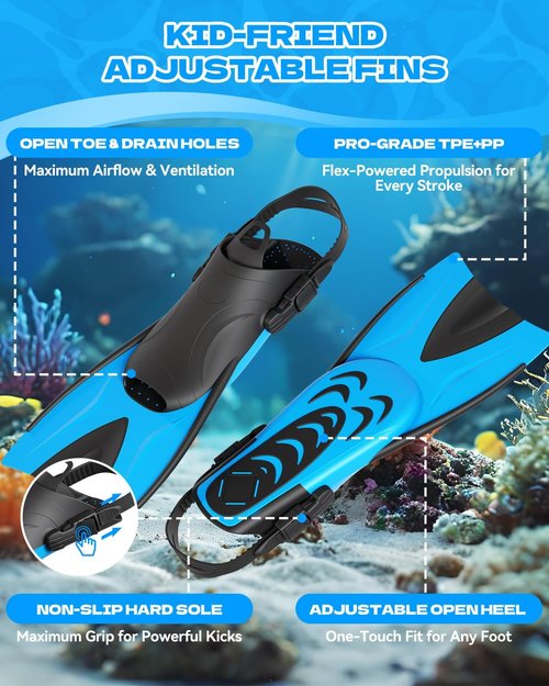 Aegend Snorkeling Gear for Kids - Anti-Fog Diving Mask, Adjustable Fins & Dry Snorkel Kit