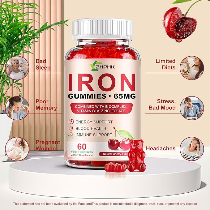 Iron Gummies Supplement for Women, Men & Kids, Iron 65mg with 250mg Vitamin C B6 B12 Folate Healthy Blood, Energy & Immune Support Gentle on Stomach Ferrous Fumarate, 120 Count