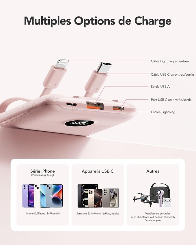 Mini Portable Charger with Built-in Cables 22.5W Fast Charging Power Bank USB-C Small Battery Pack 10000mAh Travel Essential Slim Battery for iPhone 17/16/15/14, Samsung 25/24, and More