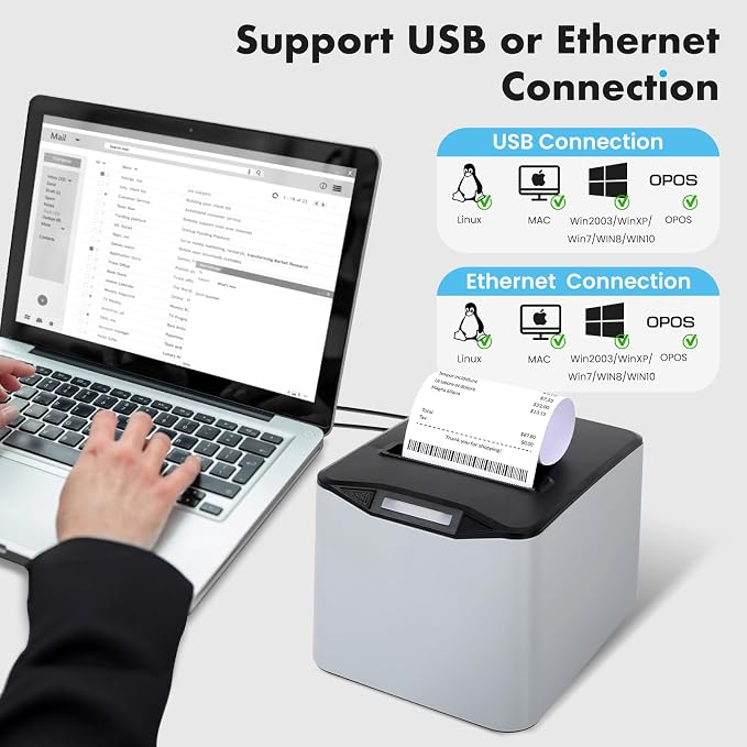 NUCOUN Thermal Receipt Printer, 80mm USB POS Printer, Auto Cutter, Support Cash