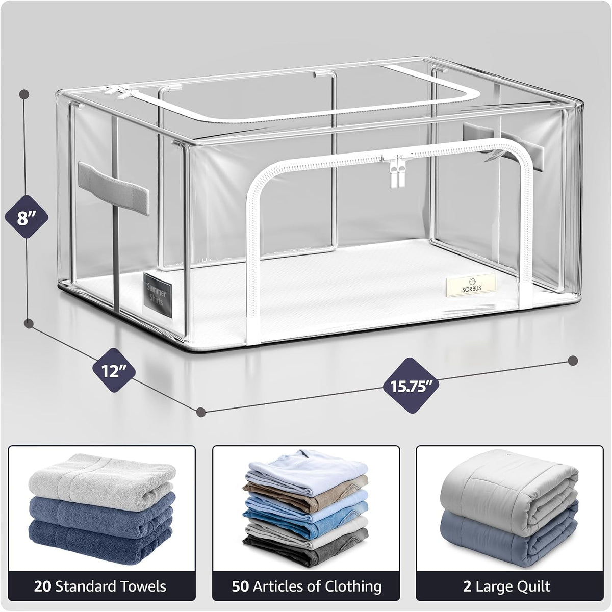 Sorbus Storage Bins with Metal Frame - Stackable & Foldable Clothes Organizer Bags - Clear Soft Plastic Storage Containers (2 Pack, Small)