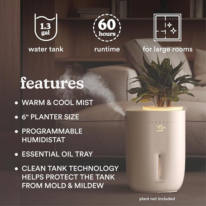 Homedics Natura Ultrasonic Warm & Cool Mist Humidifier, 1.3-Gal for Large Rooms, 60-Hr Runtime, Plant Holder, Programmable Humidity, Auto Shutoff, Nightlight Small Pot Compatible(Plant Not Included)
