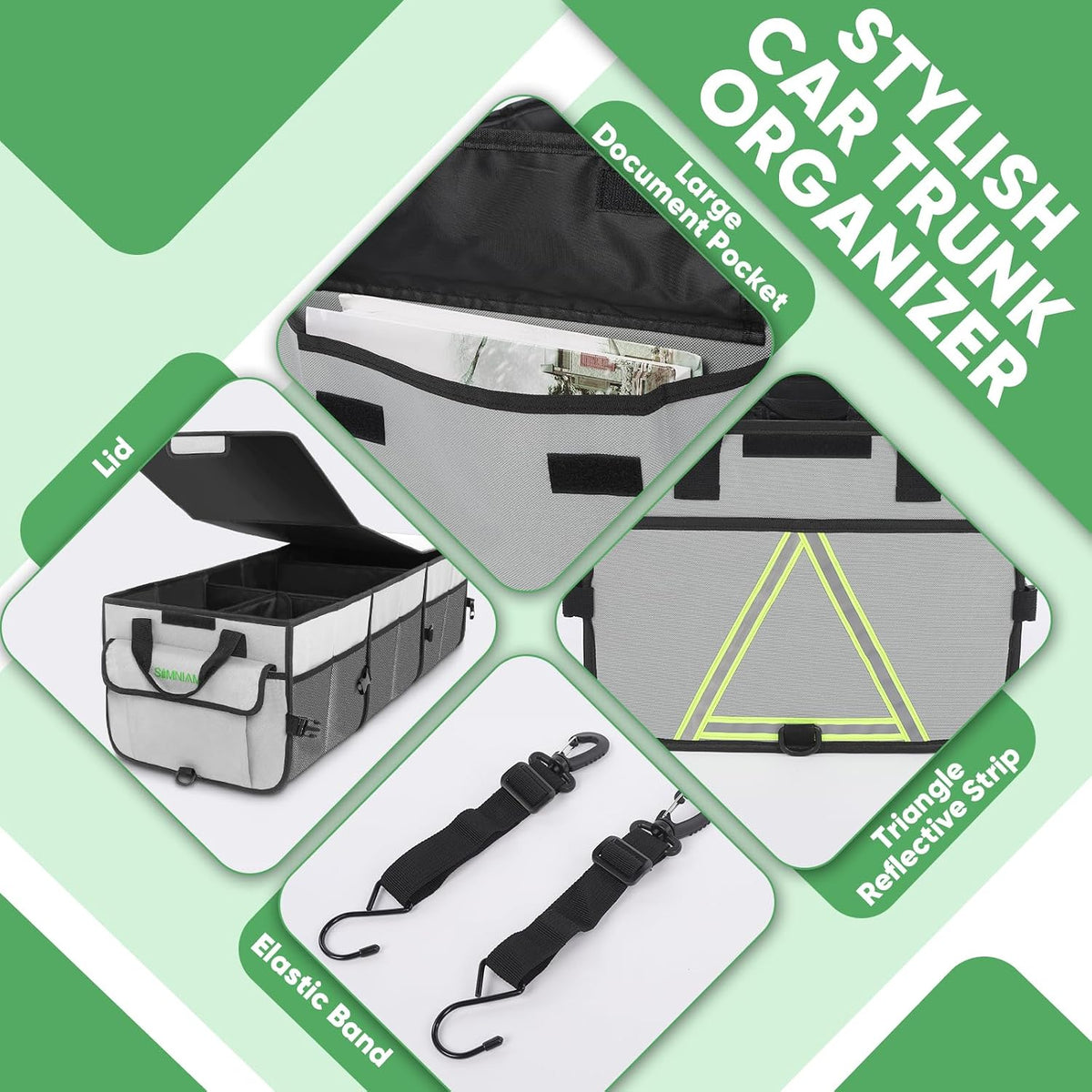Simniam Car Trunk Organizer with Insulated Grocery Bag- 110L High Capacity Car Storage Box, with 4 Compartments, Reflective Strip, Cover, for Auto, SUV, Truck, Minivan