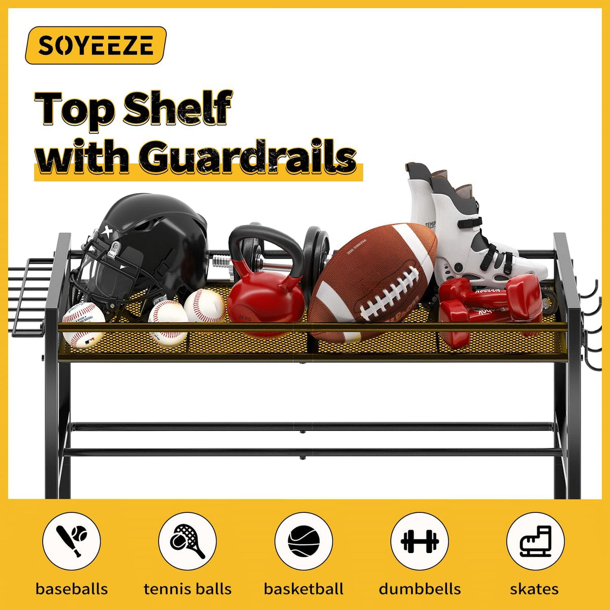 SOYEEZE Sports Equipment Organizer - 4-Tier Ball Storage Rack for Garage & Outdoor Toys | Mobile Cart with Hooks