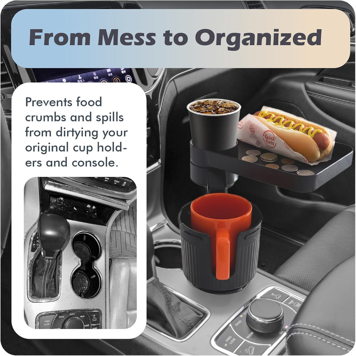 OtterVerz 11 Upgraded Car Cup Holder Tray, 3 in 1 Car Cup Holder Expander Adapter, 360° Rotating Detachable 10.5" Car Food Tray Table for Eating, Road Trip Essentials, Fits Yeti/Hydro Flask 16–46oz