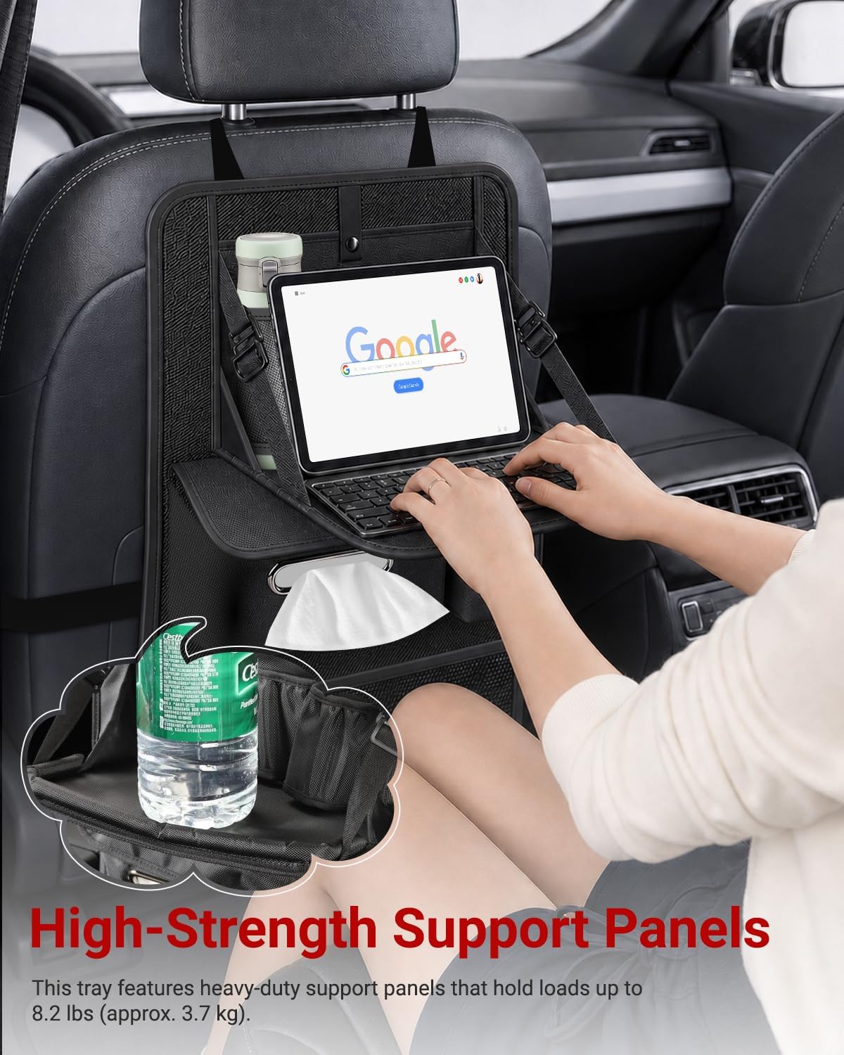 1pc Car Back Seat Organizer with Foldable Table Tray, 8 Storage Pockets & Tablet Holder, Kick Mat Back Seat Protector Cover for Kids, Road Trip Travel Accessories - Black